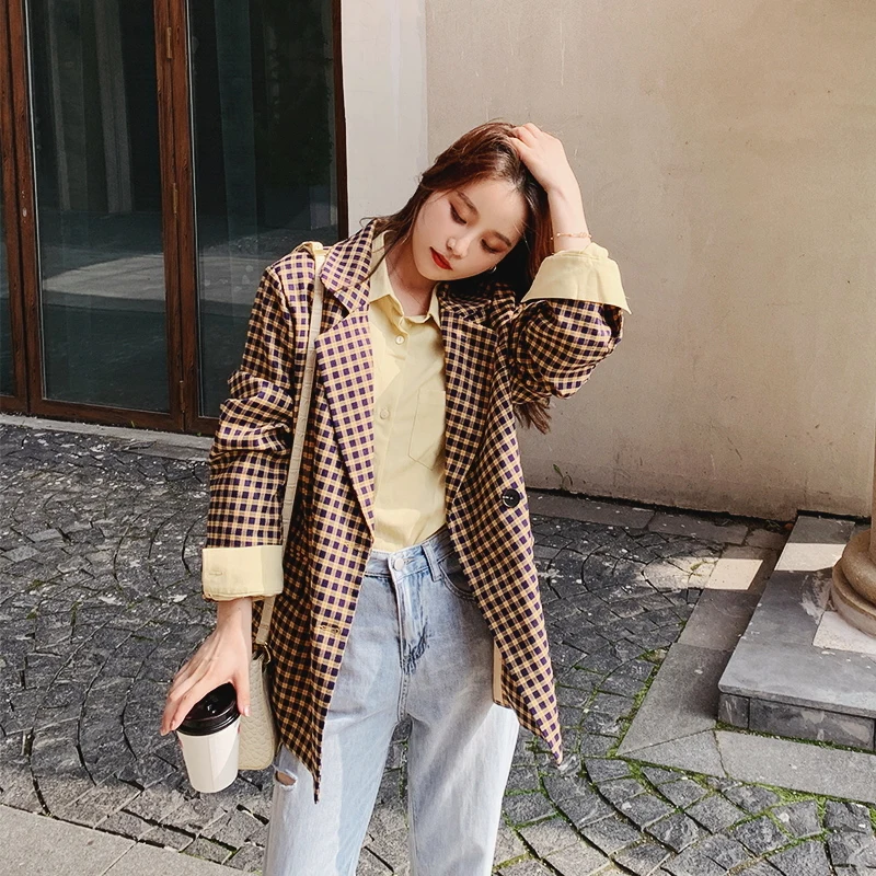 

2021 Spring Elegant OL Series Women Blazer Feminino Coat Double Breasted Lapel Plaid Jacket Office Veste Femme Korean Clothing