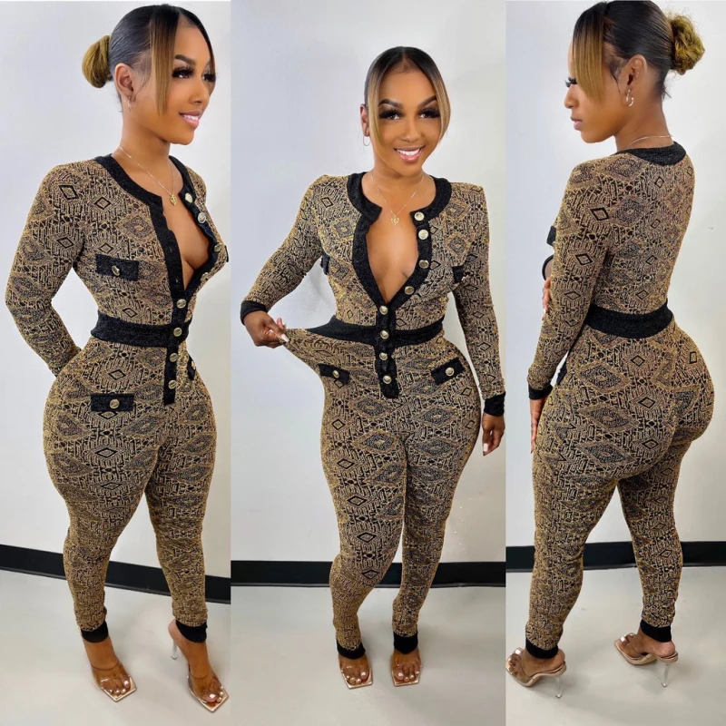 

Женский кардиган на пуговицах, Длинный Облегающий комбинезон с высокой талией и пикантным принтом, Осенний комбинезон-карандаш