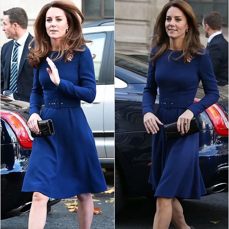 Элегантное платье с поясом Kate Middleton, с длинным рукавом, тонкое, темпераментное, голубое, для банкета, весна, новинка, для женщин, высокое качество, дизайнерское