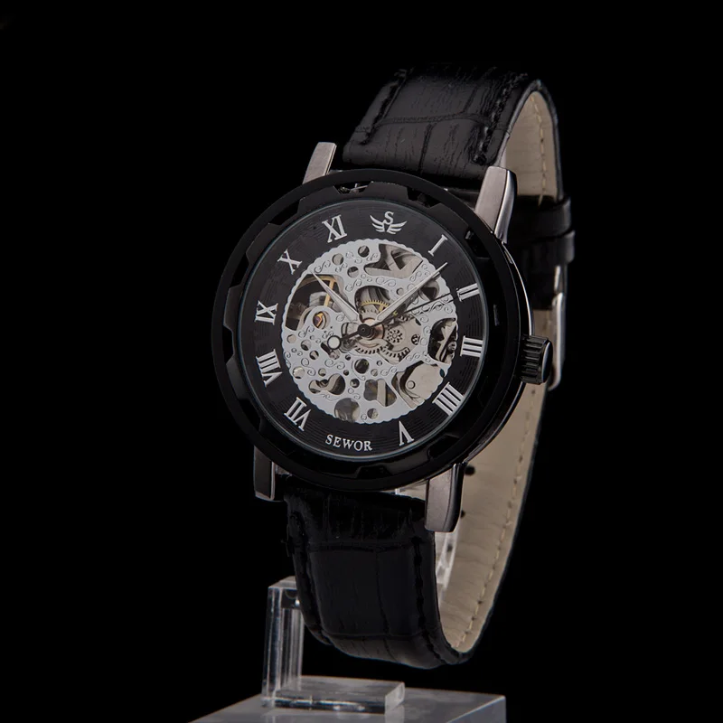 

Мужские Аналоговые часы-скелетоны SEWOR s, черные, в стиле стимпанк, скелетоны, мужские спортивные часы с кожаным ремешком, мужские механически...