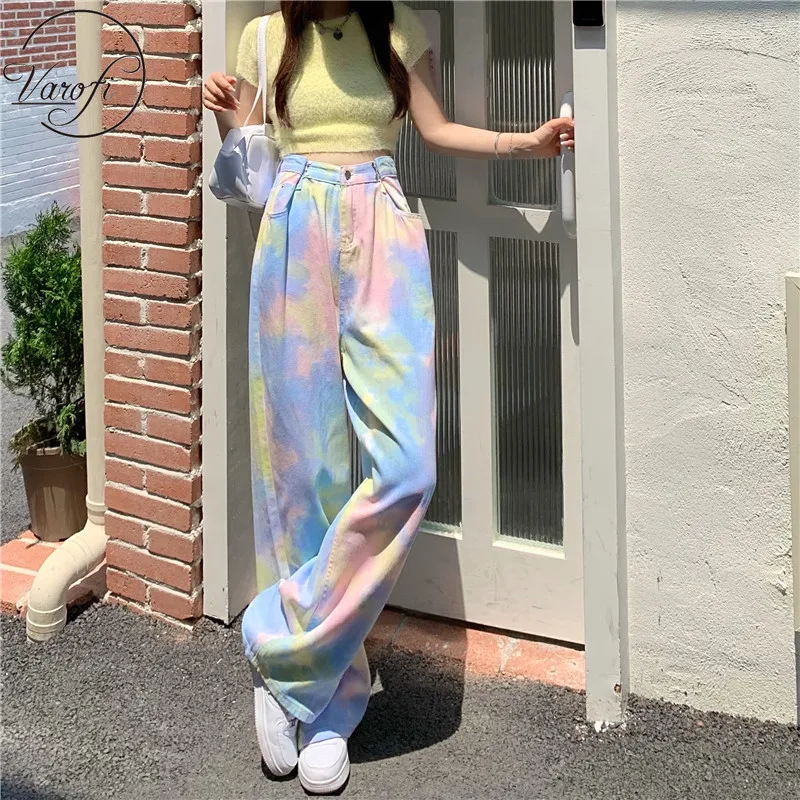 

Varofi women's jeans straight leg jeans women's oversized loose jeans tie dyed High Waist Wide Leg Pants rainbow jeans