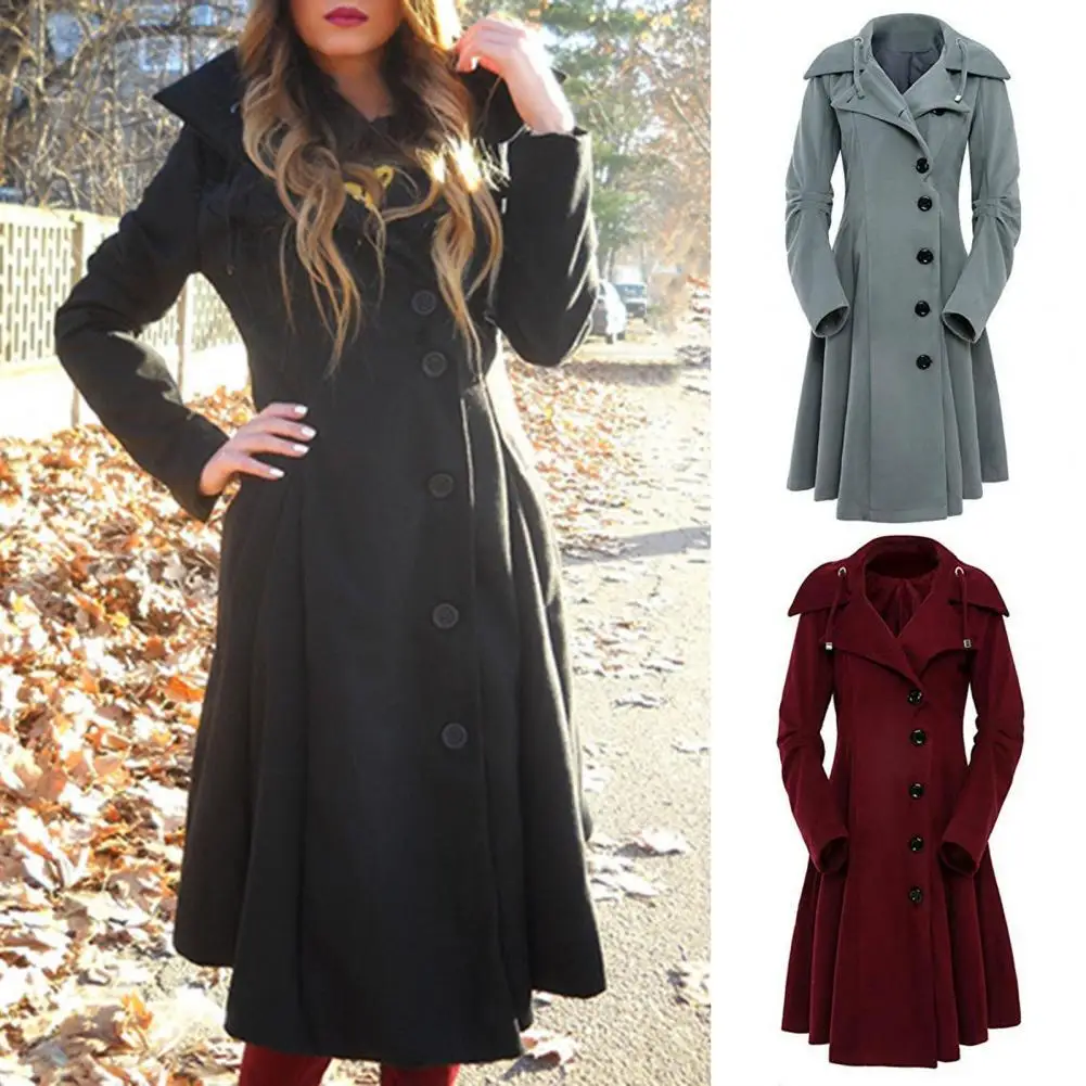 

Женское пальто на пуговицах с рюшами, пальто с длинным рукавом и лацканами, асимметричное Плиссированное элегантное пальто с капюшоном на п...