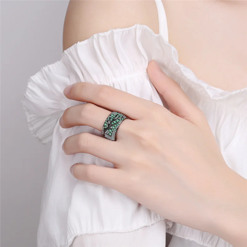 Luxury Crystal Green Tree Ring For Women Jewelry Personality Lady Silver Plate Ring Bride Wedding Party Finger Accessories New