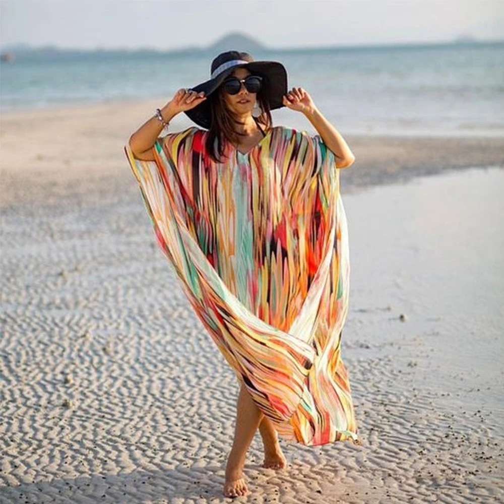 New Colourful Beach Dress Oversize Bikini Cover Up Tie Dye Chiffon Wear Batwing Sleeve Mujer 2020 Maxi Pareos De Pla | Женская одежда