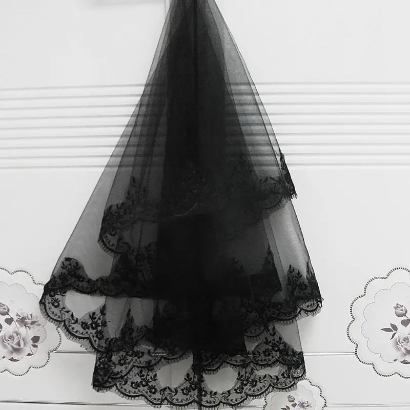 

Single Layer Women Girls Cover Face Mantilla Black Wedding Veil Embroidery Eyelash Floral Lace Trim Halloween Cosplay Costume