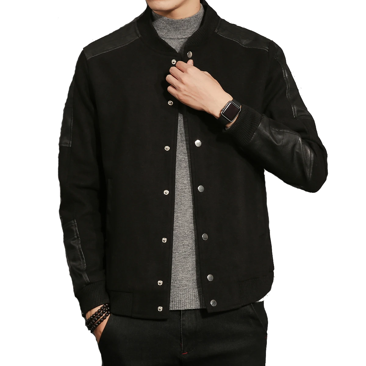 Мужская осенняя куртка шерстяное пальто с кожаным рукавом шерстяные куртки в