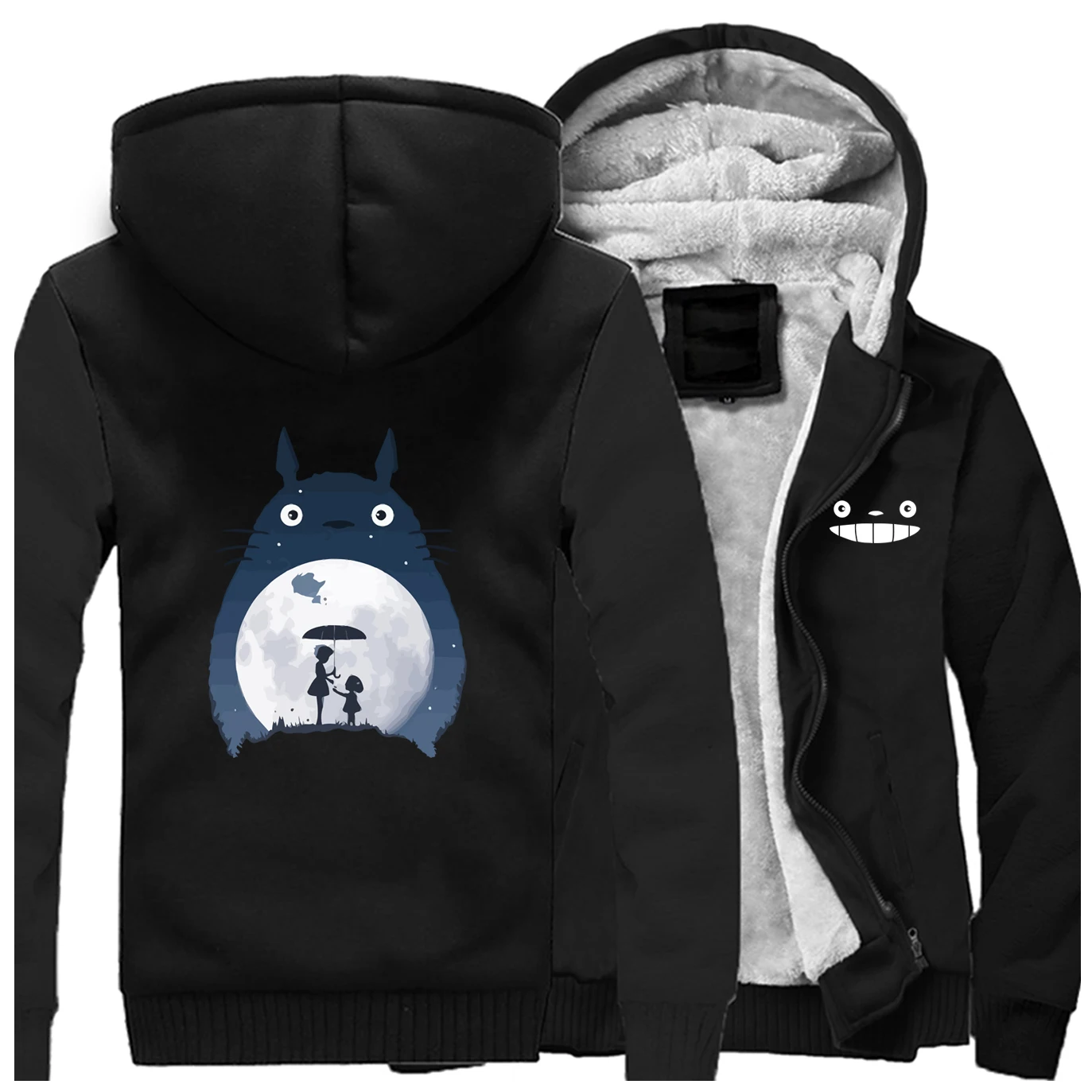 Tonari No Totoro мужские толстовки с капюшоном из плотного флиса брендовые теплые толстовки с капюшоном пальто на молнии винтажная куртка в стиле аниме зимняя Японская уличная одежда - Цвет: Black