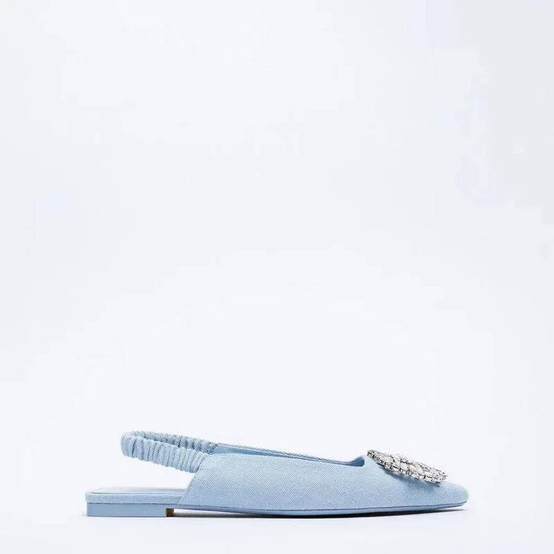 TRAF Flat Shoes Women Fashion Shiny Denim Slingback Shoes Rhinestone Buckle Pointed Toe Female Mules luxury Brand Woman Shoes