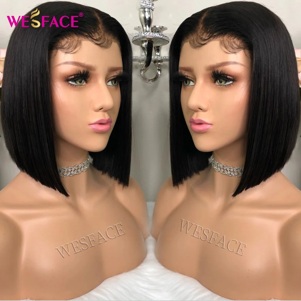 Perucas de Cabelo Perucas da Parte Dianteira do Laço em Linha Parte do Laço Natural para as Mulheres Remy Reta Curto Perucas Cor Natural 4*4 Fechamento Peruca Cabelo Bob 13*4