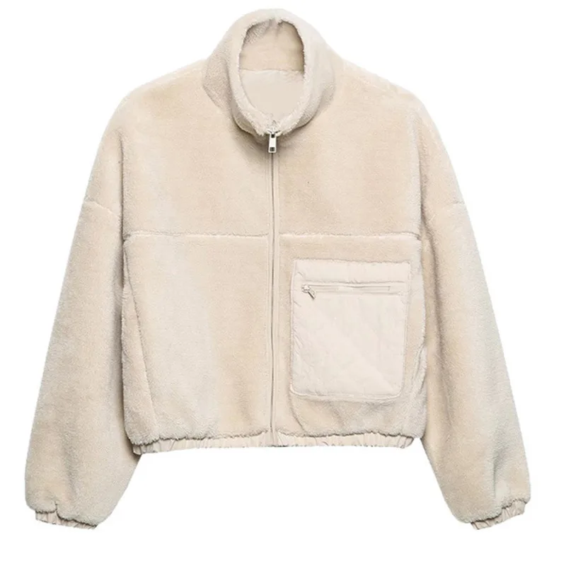 

Зимняя женская флисовая Шуба на молнии с длинным рукавом и воротником-стойкой, тонкая женская теплая мягкая куртка, толстое пушистое плюшев...