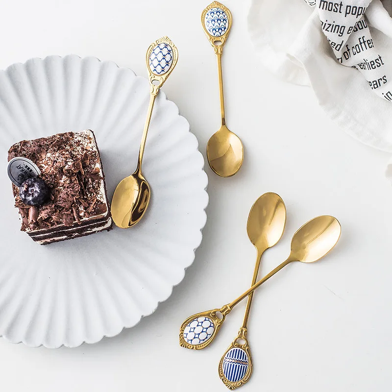 Креативная десертная ложка из нержавеющей стали круглая Золотая чайная для