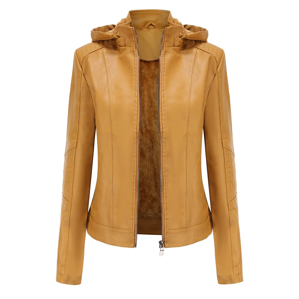 

Women Winter Fall Fashion Tops Solid Color Fleece Motorcycle Pu Leather Long Sleeve Jackets Female Casual Streetwear Hoodie Coat
