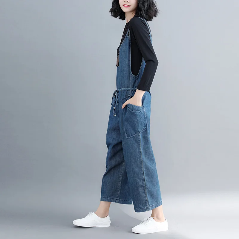 Женский джинсовый комбинезон с завышенной талией широкими штанинами | Женская