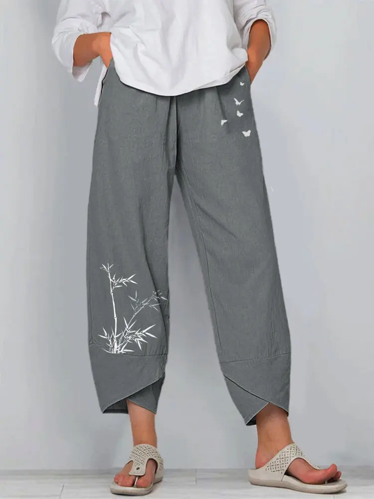 

Women's Elastic Waist Pants With Bamboo Butterfly Pattern