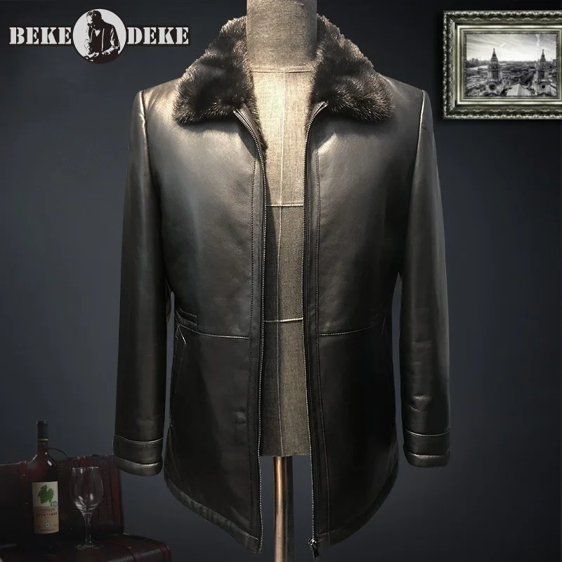 

Luxury Business Men Winter Warm Fur Lining Genuine Leather Jacket Real Mink Fur Collar Shearling Coat Slim Fit Outwear Overcoat