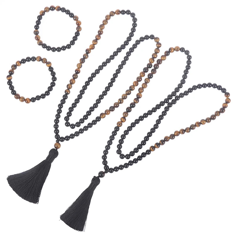 Натуральный черный оникс и деревянное ожерелье с бахромой мала Будды четки 8 мм