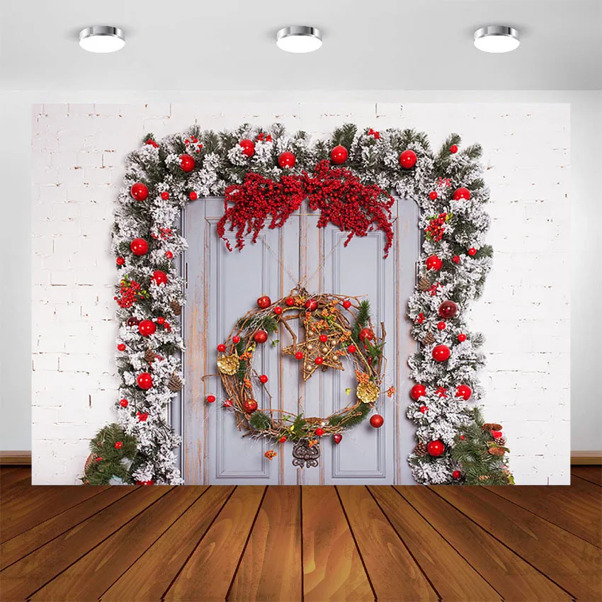 Photography Backdrop Winter Christmas Fireplace Photoshoot Brick Wall Merry Xmas Party Background Decorations Socks Gifts Wreath | Украшения