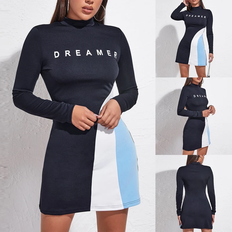 

Women's Fashion Half High Neck Slim Round Neck Long Sleeve Dress Black