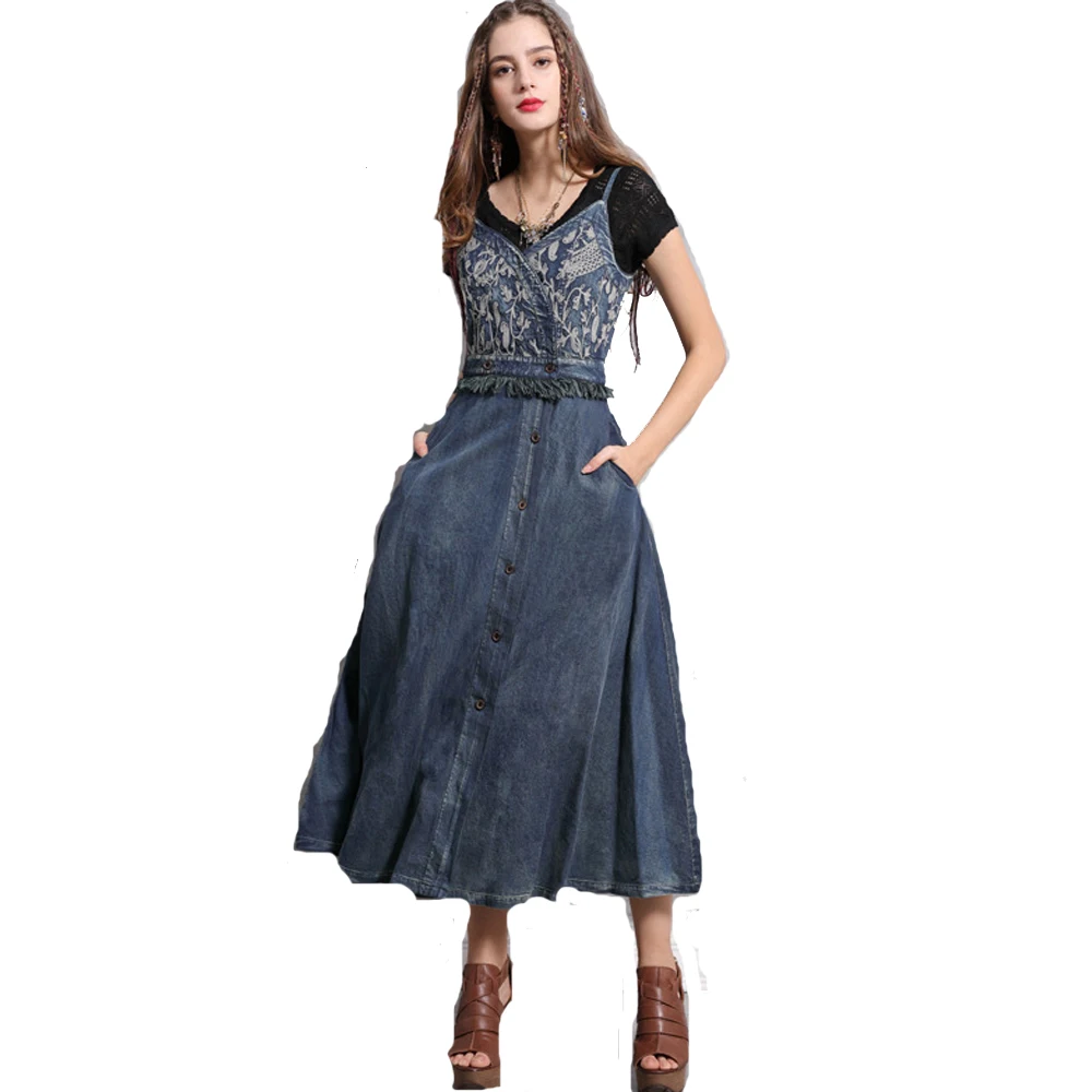 

Women's Embroidery Flower Design Tassel Empire Waist Loose Lap Denim Jeans Sleeveless Slip Dress FS0928