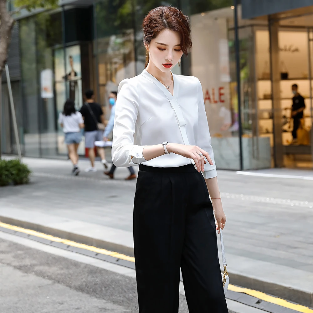 

2021 Elegant Spring/Autumn Female Clothing White Green V-Neck Women Tops and Blouses Casual Office Ladies Shirts Plus Size S-4XL