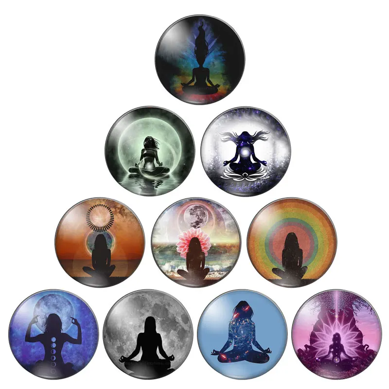 Fashion Yoga Girls Paintings 10pcs 10mm/12mm/14mm/16mm/18mm/20mm/25mm Round photo glass cabochon demo flat back Making findings