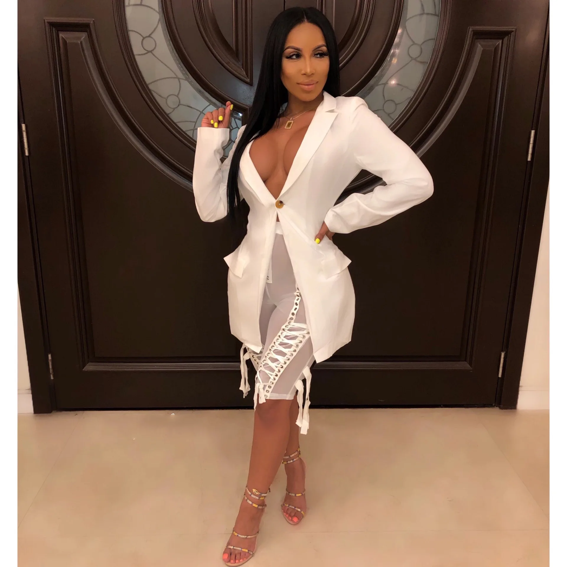 Модный пикантный Блейзер на одной пуговице с V образным вырезом топ открытой