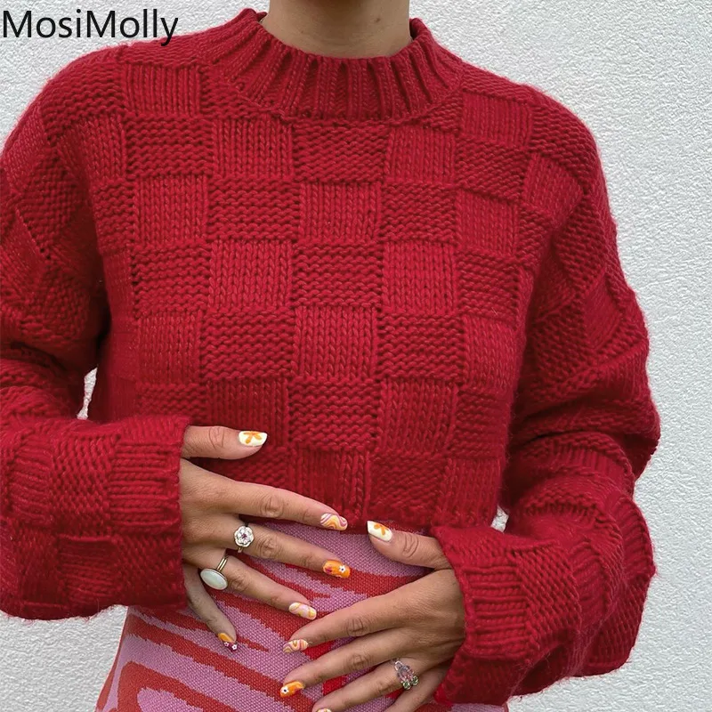 

MosiMolly 2021 Red Plaid Sweater Jumper Women Long Sleeve Cropped Sweater Knitting Loungewear