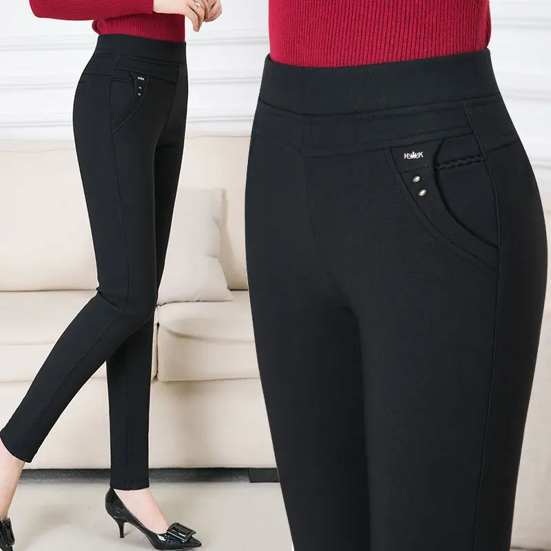 

Женские плотные теплые брюки для женщин среднего возраста, Осень-зима 2021, облегающие брюки с принтом, женские эластичные повседневные брюки...
