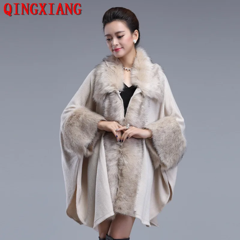 

2020 Faux Fur Open Stitch Big Pendulum Black Capes Women Loose Cardigan Winter Warm Thick Outwear Long Batwing Sleeves Cloak