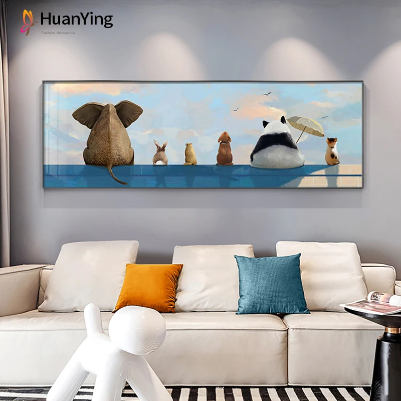 

Cute Elephant Panda Rabbit Cat Poster Nordic Animals Sky Canvas Print Home Decor Modern Living Room Wall Art Pictures Painting