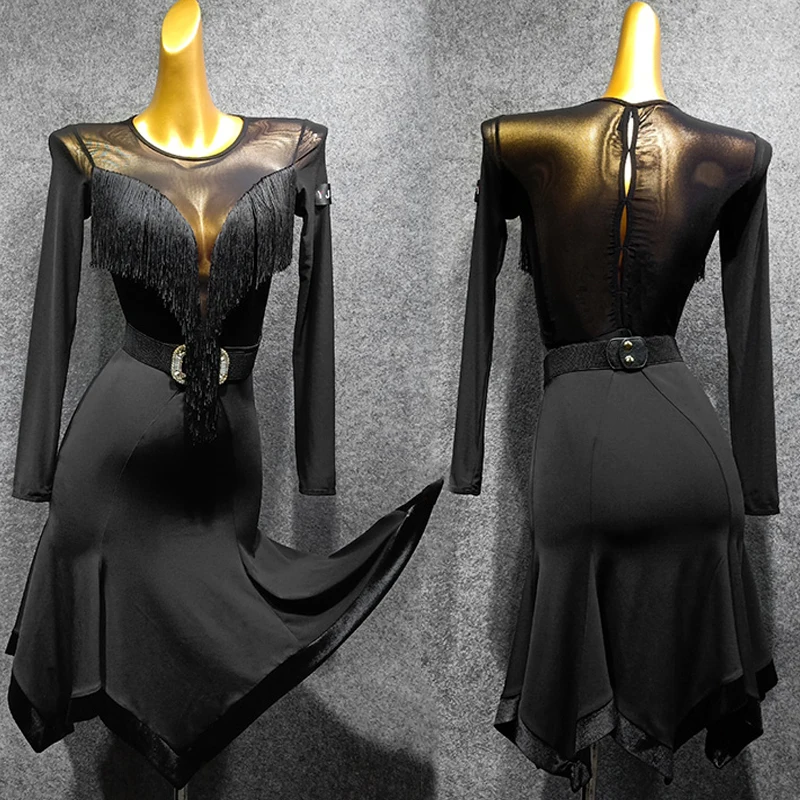 Женское платье для латиноамериканских танцев черное с бахромой и длинным