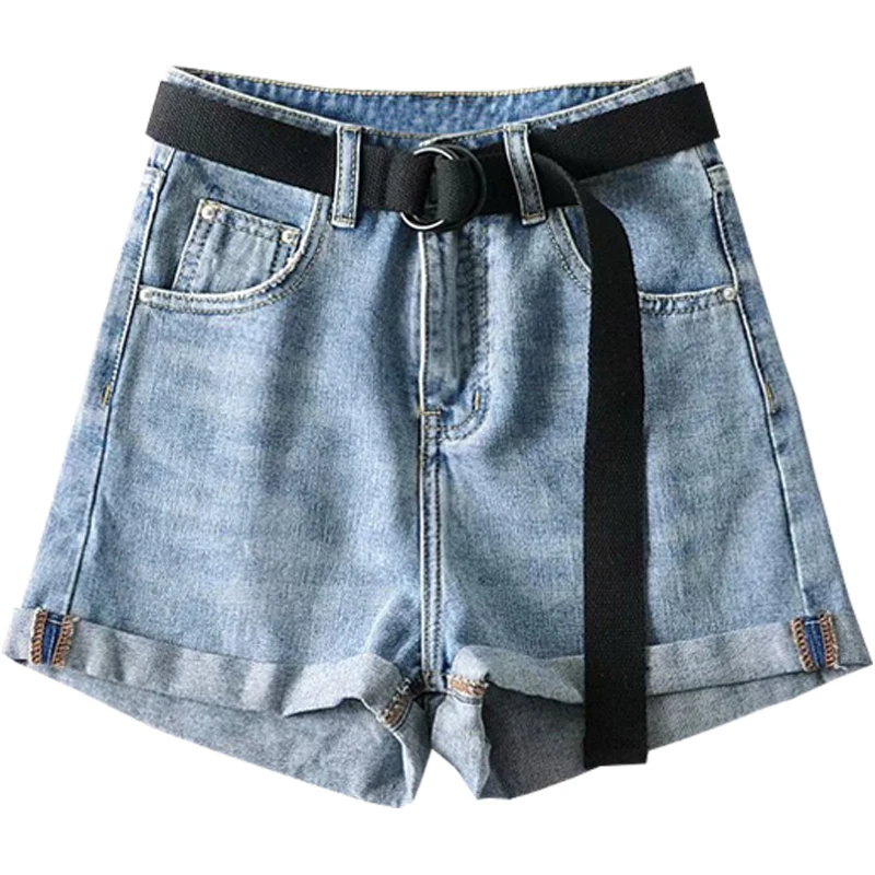 

American Retro Basic All-Matching Fashion Slimming Boot-Cut Hot Pants Women's Summer High Waist Curling Denim Shorts (Belt)
