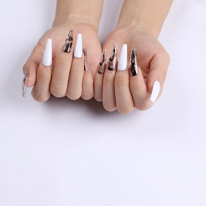 

Plain Style Abstract Ink Painting Mixed White Extra Long Coffin Press on False Nails Presson Fakenails SM14210803