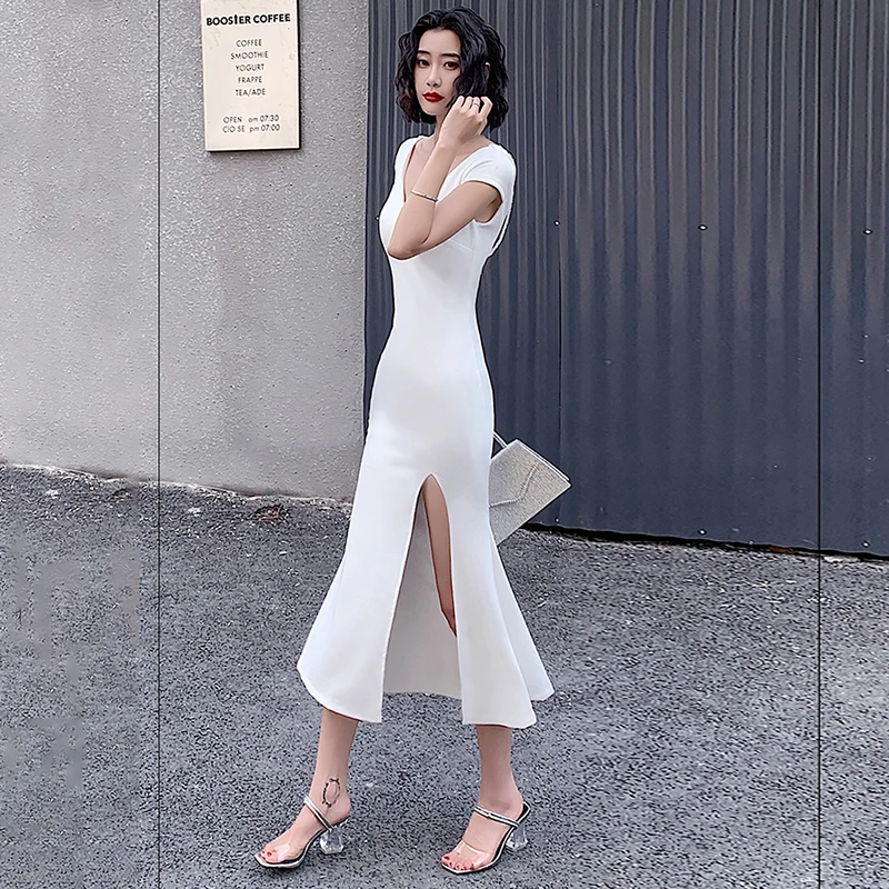 

White Evening Dresses Sexy Deep V-Neck Short Sleeves Tassel Backless Mermaid Tea-length Plus size Women Formal Party Dress C159