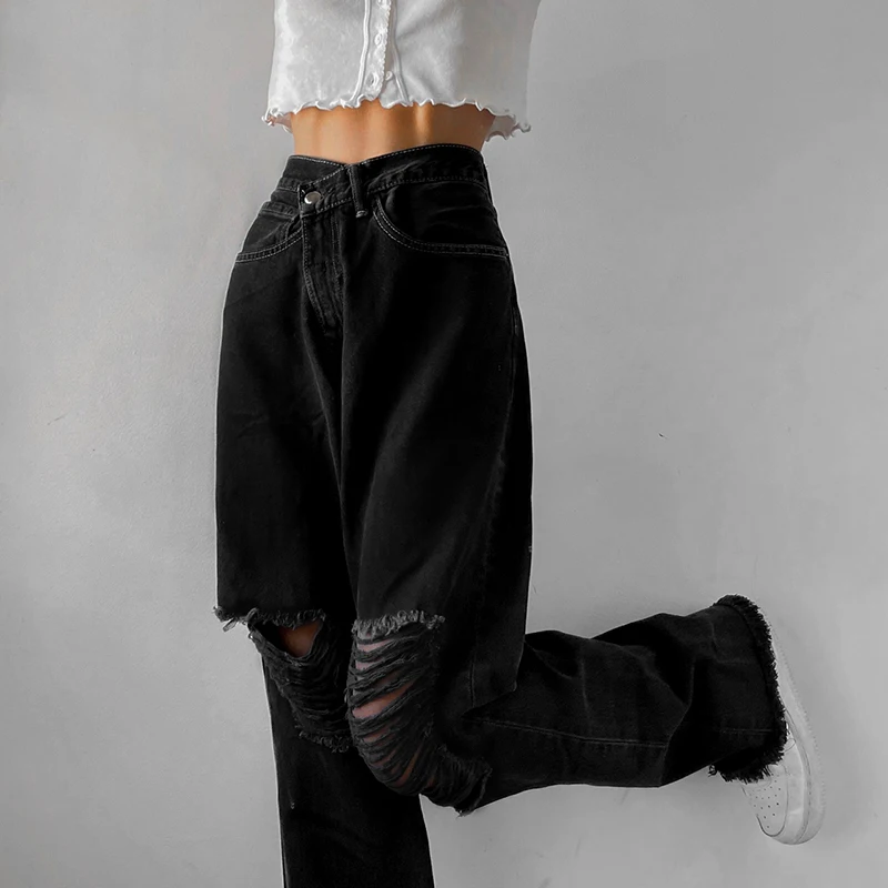 

Fashion Holes High Waist Jeans Femme Pantalon Vintage Streetwear Loose Korean Trousers Joggers Women Denim Pants 2021