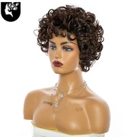 synthetic women wig with bangs cool short curly wigs dark brown wig natural hair heat resistant breathable for daily cosplay