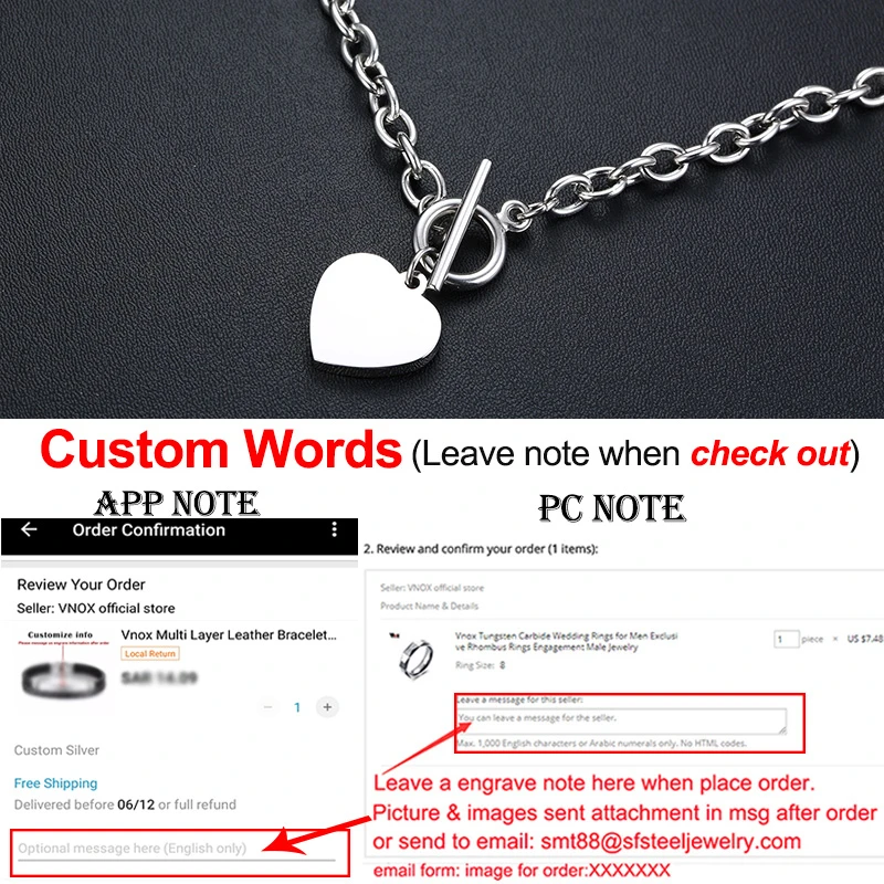 Custom Necklace 22S Vnox, настраиваемое изображение, фото, имя, браслеты для женщин и мужчин, нержавеющая сталь, звено цепи с сердцем, монета, шарм, BFF, семейный подарок - Окраска металла: Custom Necklace 22S