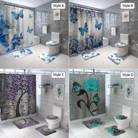 Blue Butterfly Flowers Fabric Shower Curtain Bathroom Curtains and 3 Piece Carpet Toilet Cover Bath Mat Pad Set Home Decor