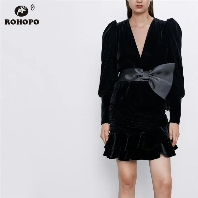 ROHOPO круглый воротник v образный вырез бархатная черная тонкая куртка пышная