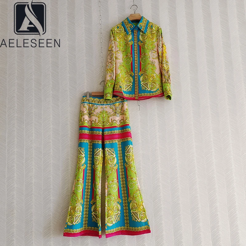 

AELESEEN Women 2 Pieces Set Autumn New Arrival Vintage Shirt+ Full-length Flare Pants Yellow Floral Print Elegant Sets