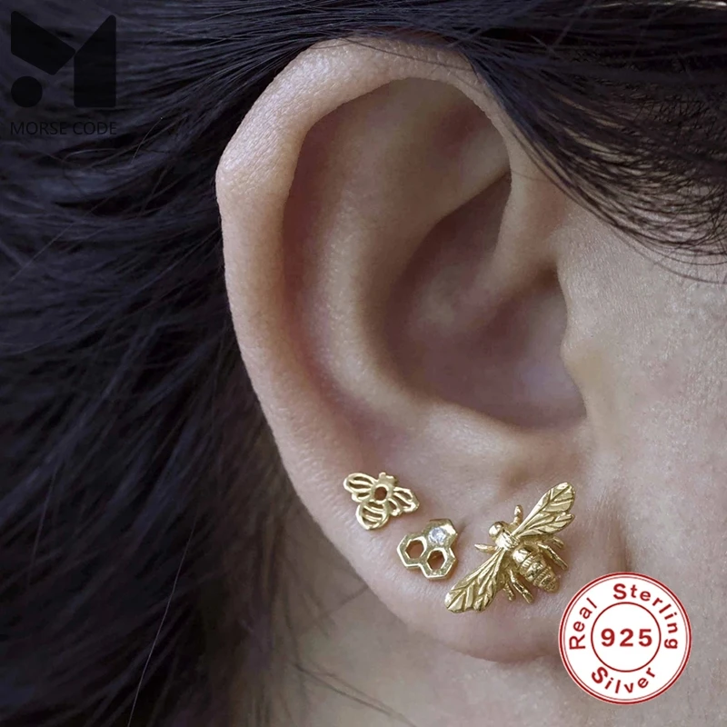 

MC Honey Bee 925 Silver Earrings Real S925 Sterling Plata Piercing Stud Ear Rings Retro Charming Vintage Delicate Fine Jewelry