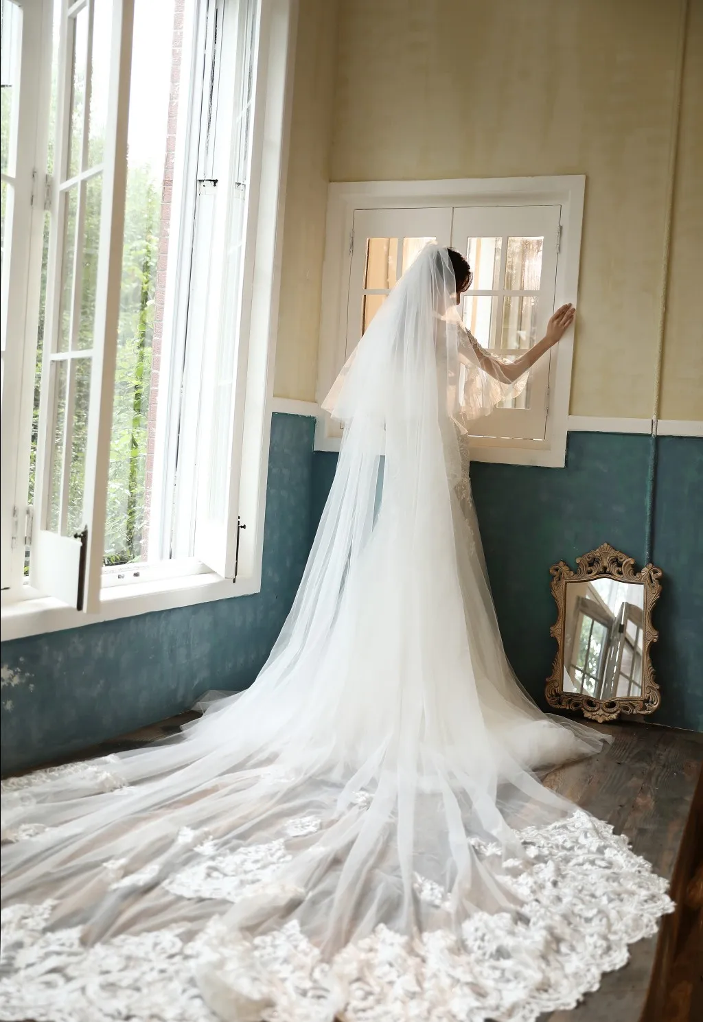 Романтическая Длинная свадебная вуаль два слоя покрытие для лица Кружевная