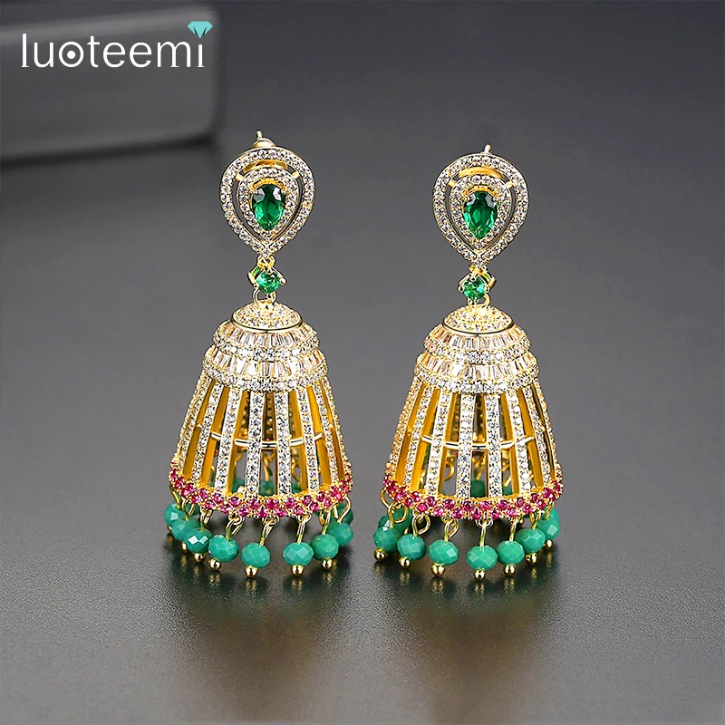 

LUOTEEMI Retro Indian Style Small Bell Tassel Drop Earrings for Women Wedding Party Green Beads Ethnic Brincos Christmas Gifts