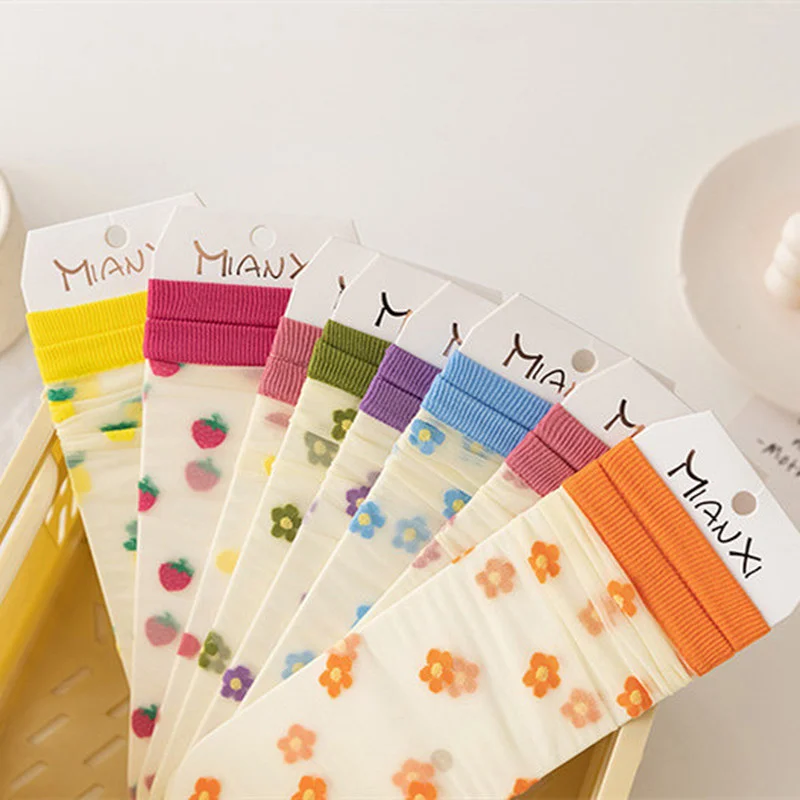

Transparent Socks Summer Ultra-thin Women Casual Breathable Crystal Glass Silk Socks Harajuku Fruits Flower Dot Girls Cute Socks