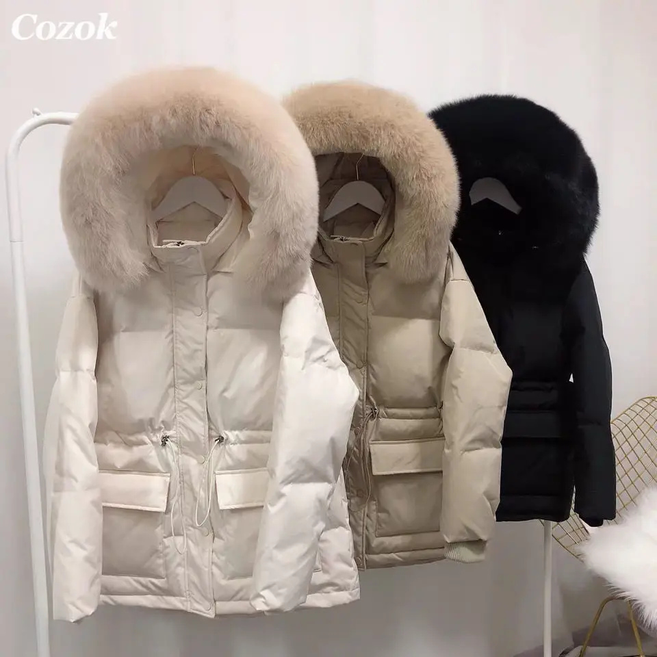 COZOK White Duck Down Overcoats Women Stylish Fox Fur Collar Warm Winter Outwear Zipper Jackets Hooded Parkas Snow Coats enlarge