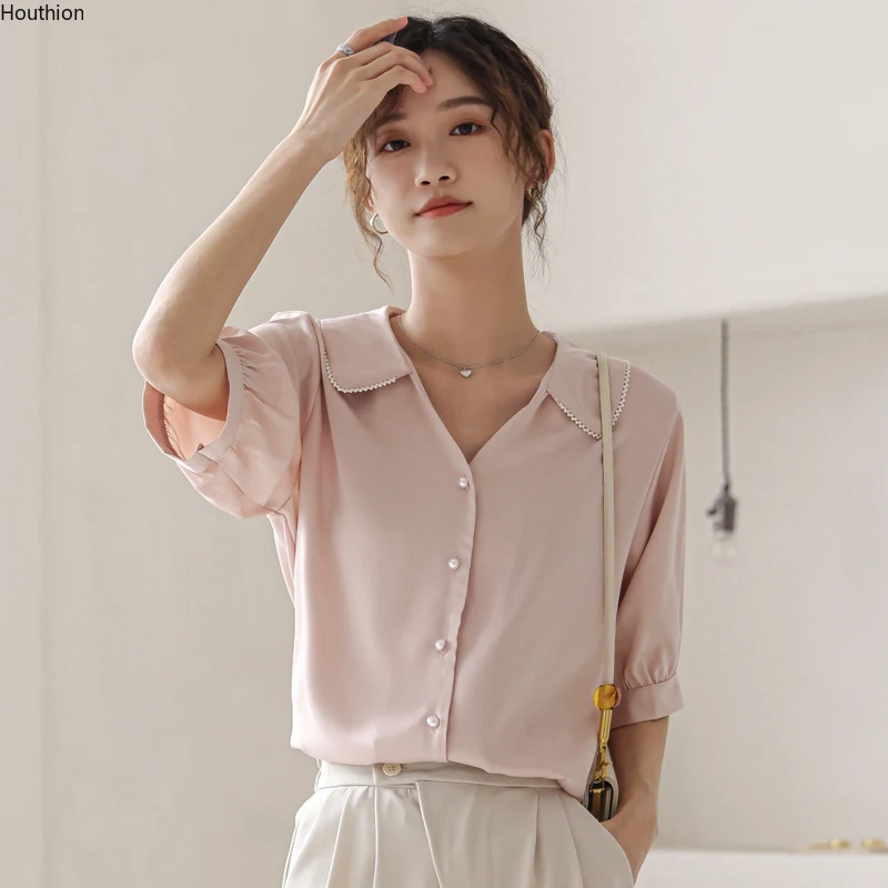 

Women's Blouses Polo Shirts Fashion Top Chiffon Casual Shirt Short Sleeve Plus Size Button Lady Tops Summer Blouse Houthion