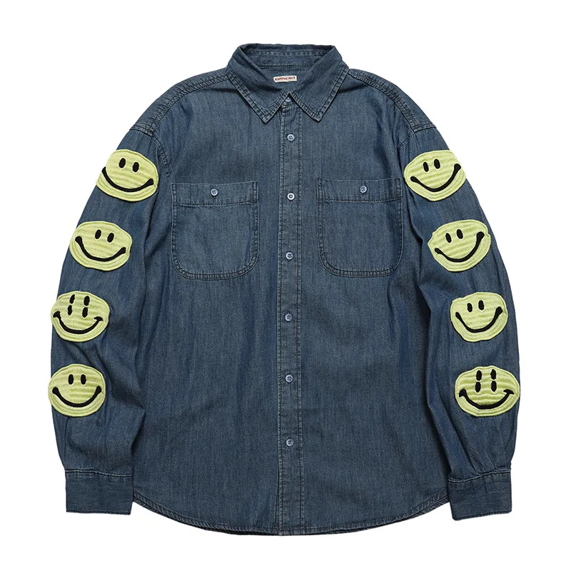 

Fgss men's clothing | 2020 fashion brand smiling face embroidery loose casual jeans jacket Long Sleeve Shirt Men's clothing