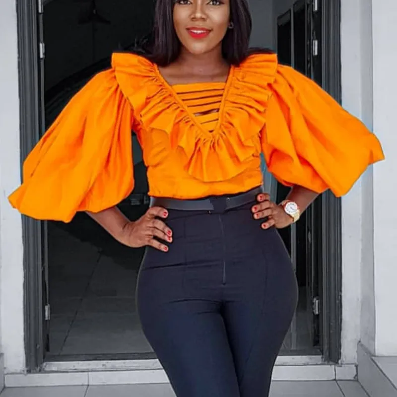 

Fashion Blouse Women Ruffle Collar Deep V Neck Big Lantern Sleeve Orange Tops Shirt Fall 2020 New Stylish Clothing Party Wear