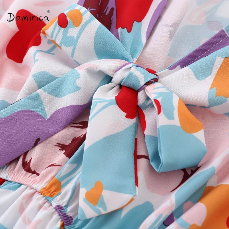 

Mini Dress Women's V-neck Bowknot Short-sleeved Print Stitching Ruffled 90s High Waist Dress for Girls Dresses Woman Summer 2021