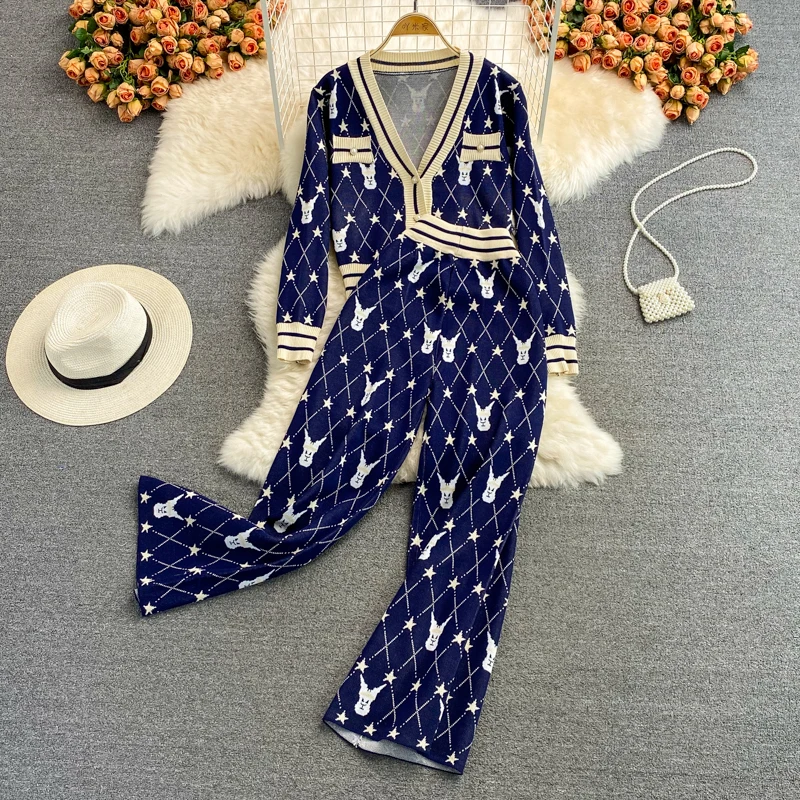 

Runway Fall Winter Women's Clothes Sporting Stripe Suits Knitting Cardigan Top + Wide Leg Pants Female Tracksuit Two Pieces Set